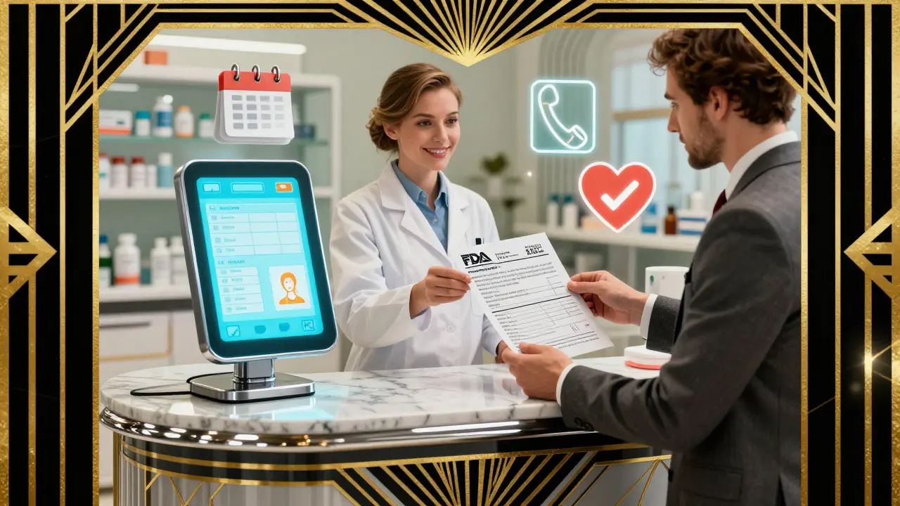 A pharmacist hands a patient a standardized medication fact sheet beside a glowing digital record in Art Deco design.