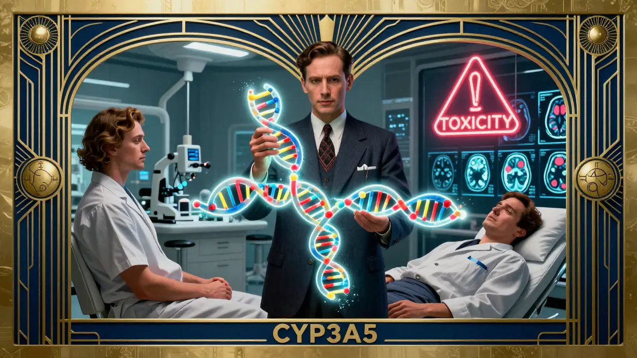 A scientist holds a glowing CYP3A5 DNA strand splitting into two outcomes, with MRI brain scans and neon warning signs, Art Deco style.