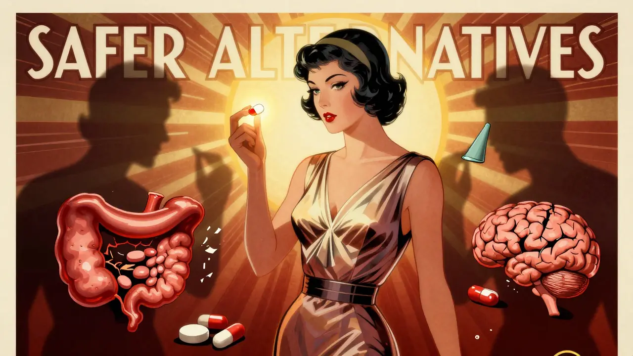 A woman holds a safe painkiller beacon while broken NSAID pills and bleeding symbols fade around her in Art Deco style.