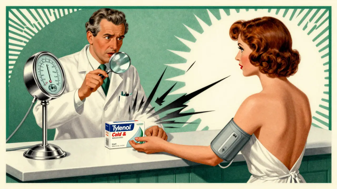 A woman reaching for a cold medicine box while a pharmacist warns her, with blood pressure monitor showing high readings in Art Deco style.