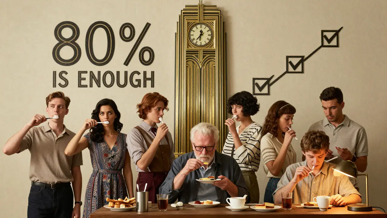 Diverse group linked to daily rituals under a monumental Art Deco clocktower displaying '80% IS ENOUGH'.