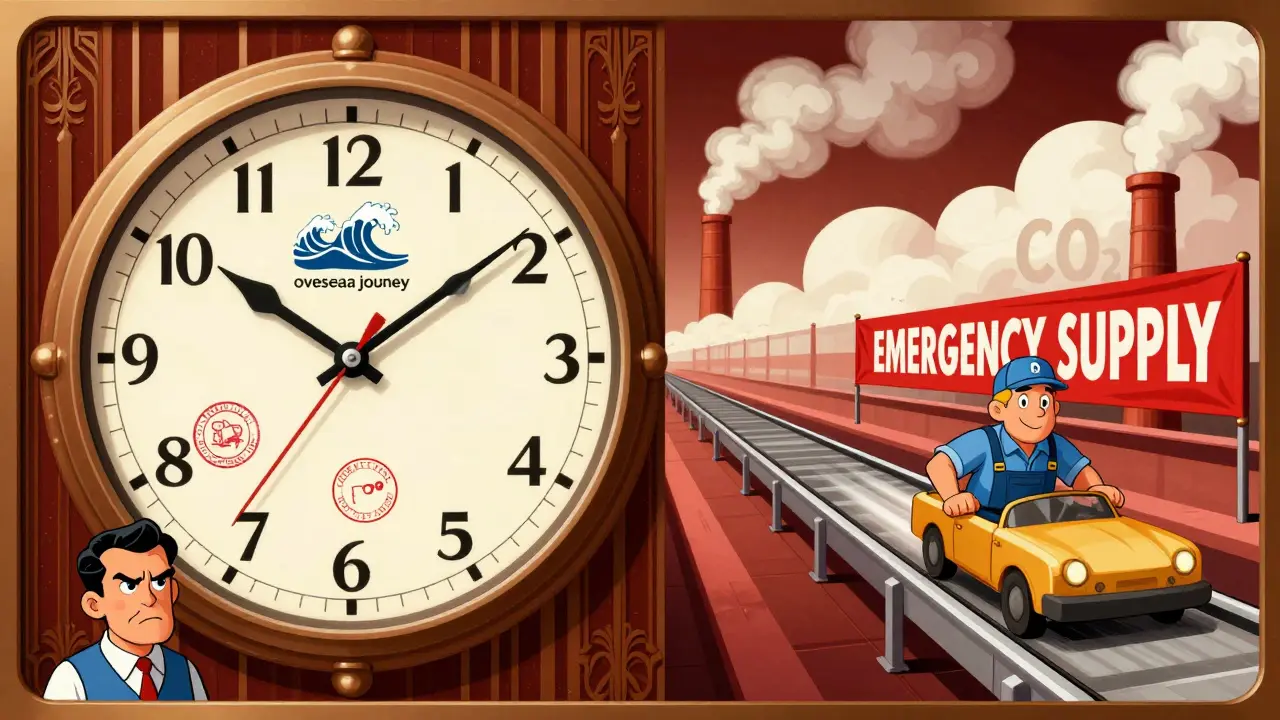 Dual-face clock comparing 90-day overseas and 45-day domestic manufacturing timelines.