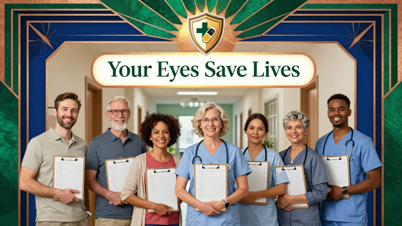 Family members holding medication lists under a radiant shield icon in Art Deco design.