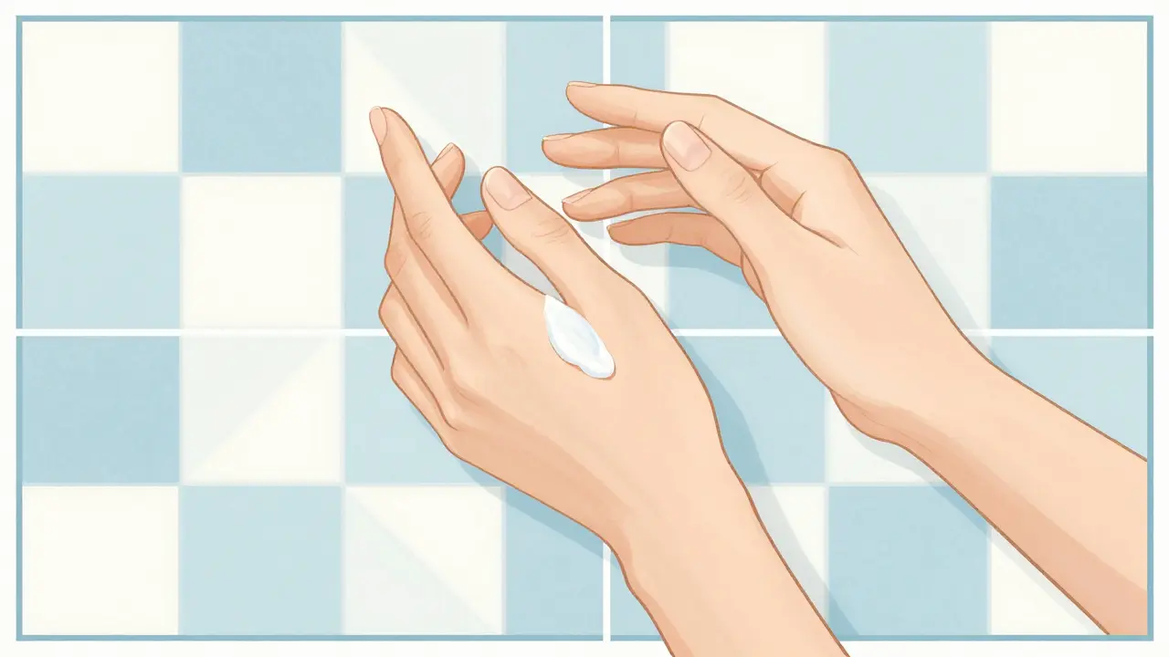 Hands applying moisturizer to calm skin with geometric background