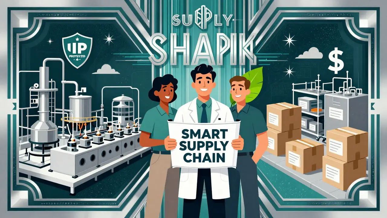 Hybrid supply chain mosaic with U.S. and overseas factories, labeled IP protection and smart logistics.