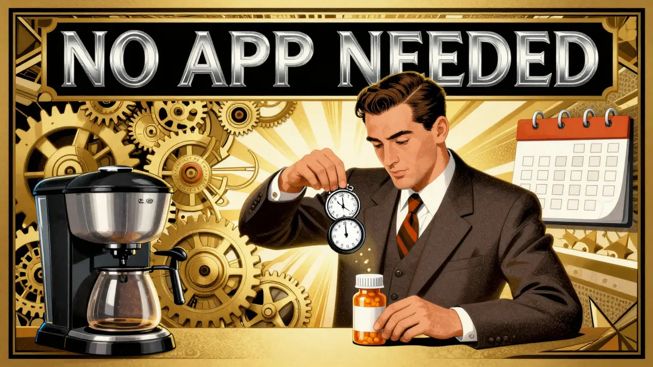 Man setting a timer cap on a pill bottle beside a coffee maker with stylized clockwork elements.