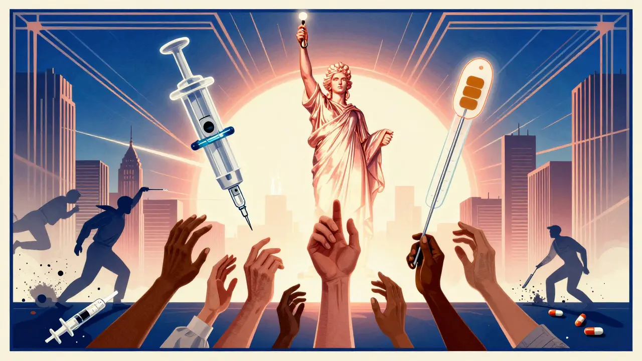 Medical devices rise like statues from a sunrise cityscape as diverse hands reach for them, while scattered pills crumble into dust.
