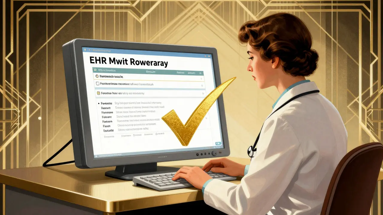 Provider verifying prescription coverage via EHR with checkmark symbol