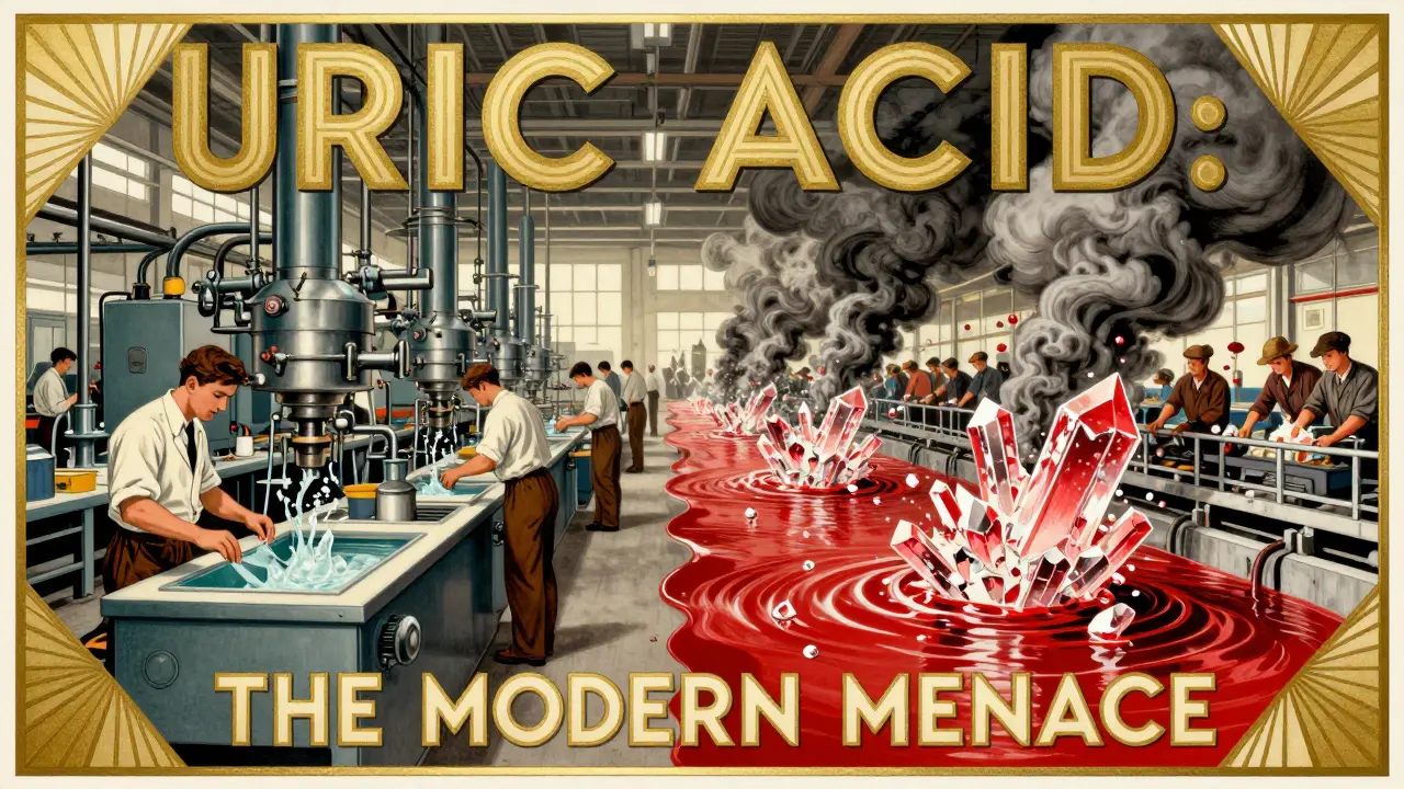 Split Art Deco poster: left shows orderly purine metabolism, right shows chaotic crystal production with bold typography 'URIC ACID: THE MODERN MENACE'.