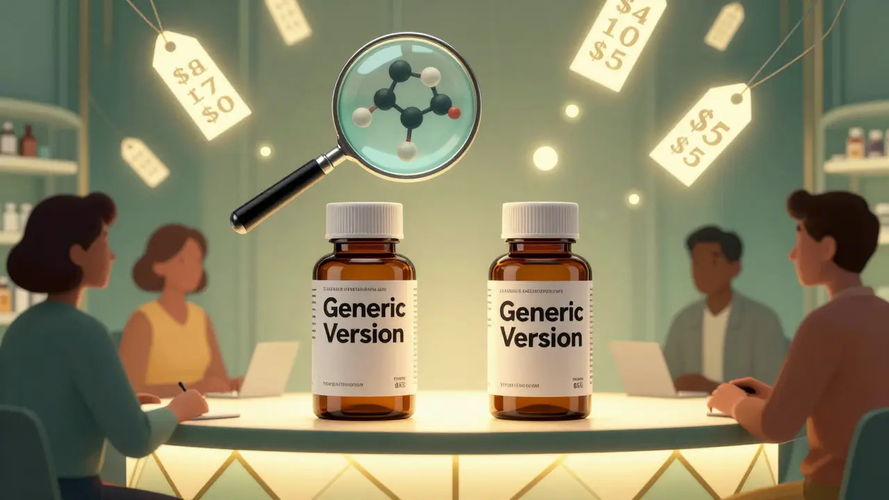 Two identical pill bottles on a glowing pharmacy counter—one branded, one generic—under geometric lighting, with price tags dropping from 0 to .