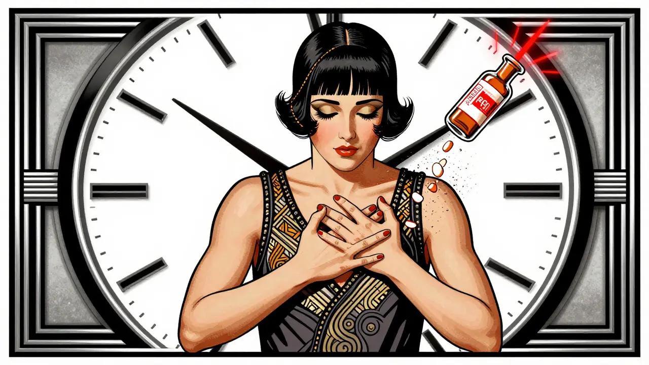 A crumbling nitroglycerin tablet beside a heart attack victim, rendered in bold Art Deco advertising style.