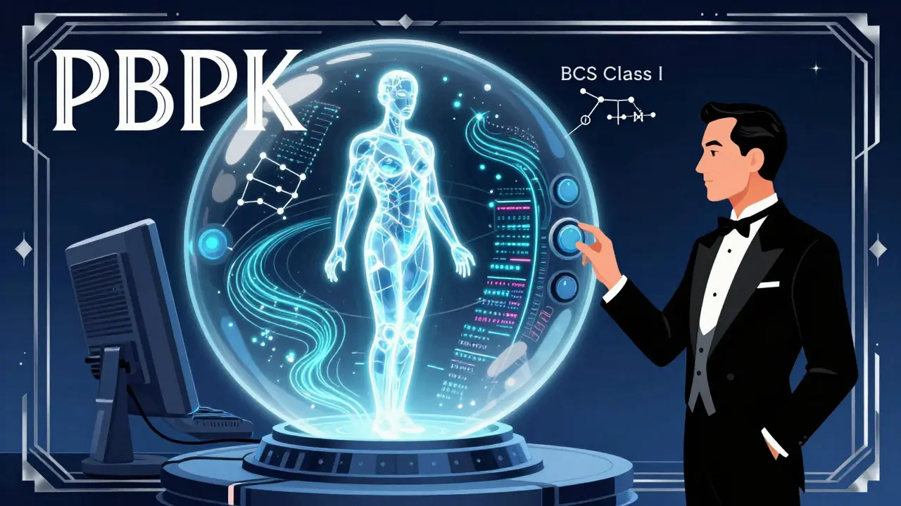A crystalline human model glows inside a sphere, surrounded by data streams representing drug solubility and permeability.
