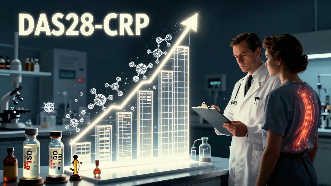 A DAS28-CRP chart rises like a skyscraper with glowing CRP molecules beside a patient.