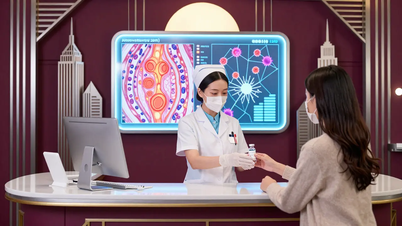 A nurse hands a biologic vial to a patient as diagnostic patterns glow behind them, in Art Deco style.