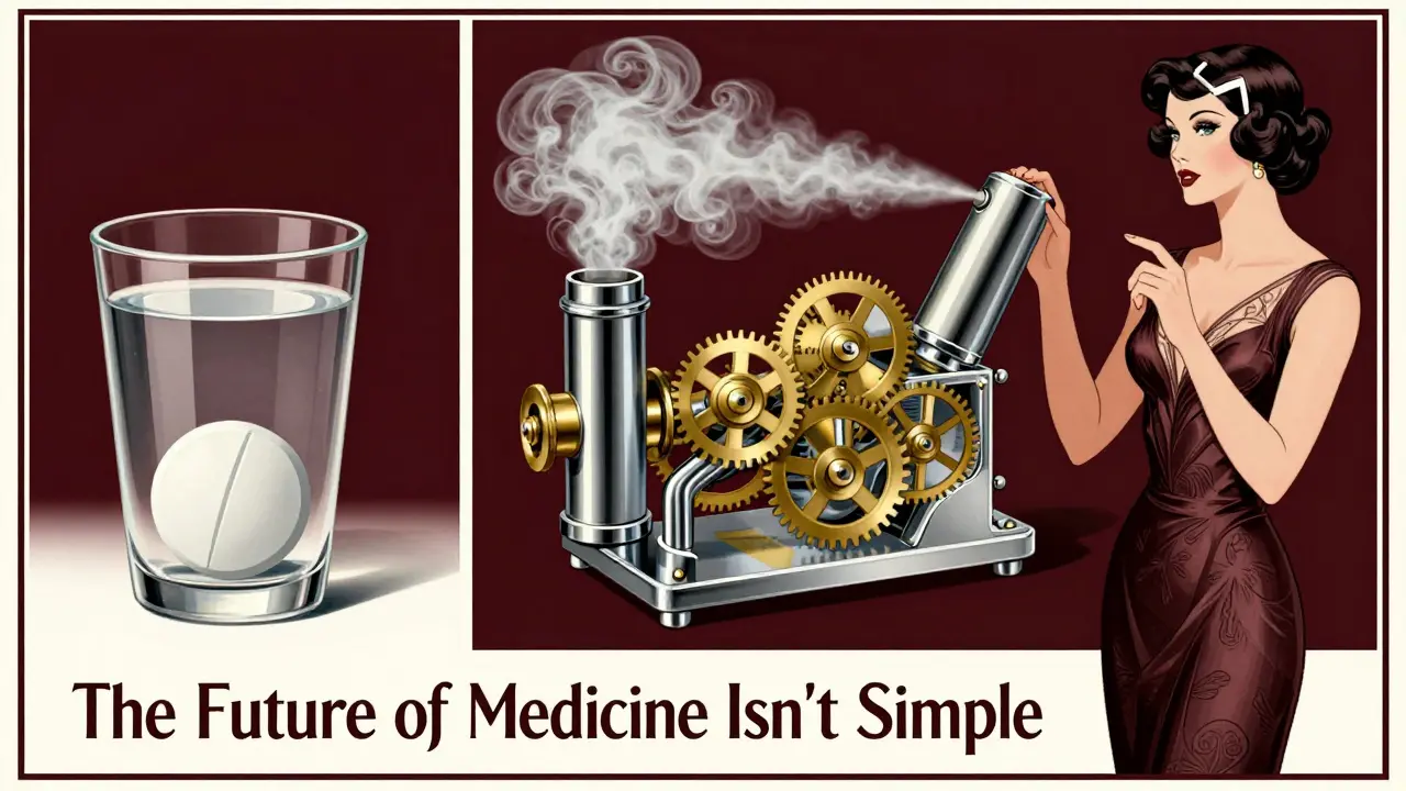 A split-image ad contrasts simple pills with complex inhalers in 1930s metallic aesthetics.