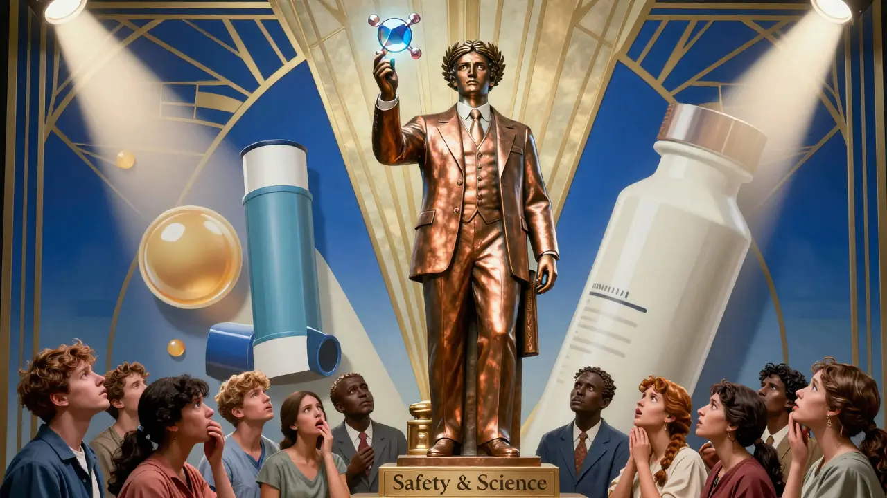 A statue of a regulator holds a complex drug molecule above patients, surrounded by geometric medical symbols.