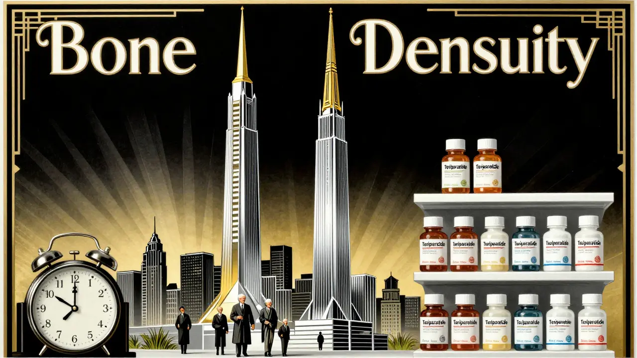 A towering bone density monument with abaloparatide’s spire higher than teriparatide's, beside a pharmacy shelf with price tags.