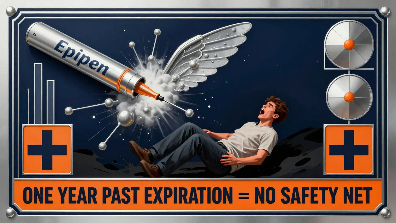 An EpiPen exploding into fading molecules as a person falls into darkness, in stylized Art Deco design.