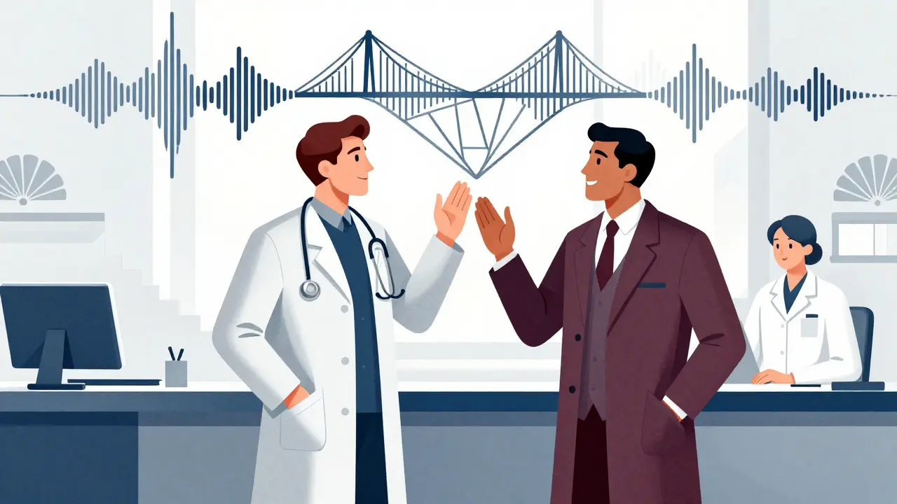 Doctor and pharmacist standing together with abstract connection symbols