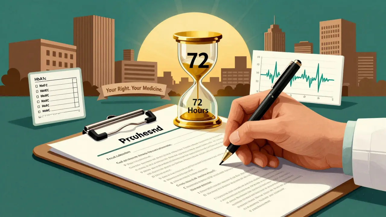 Doctor writing medical appeal with floating lab results and glowing hourglass in Art Deco style.