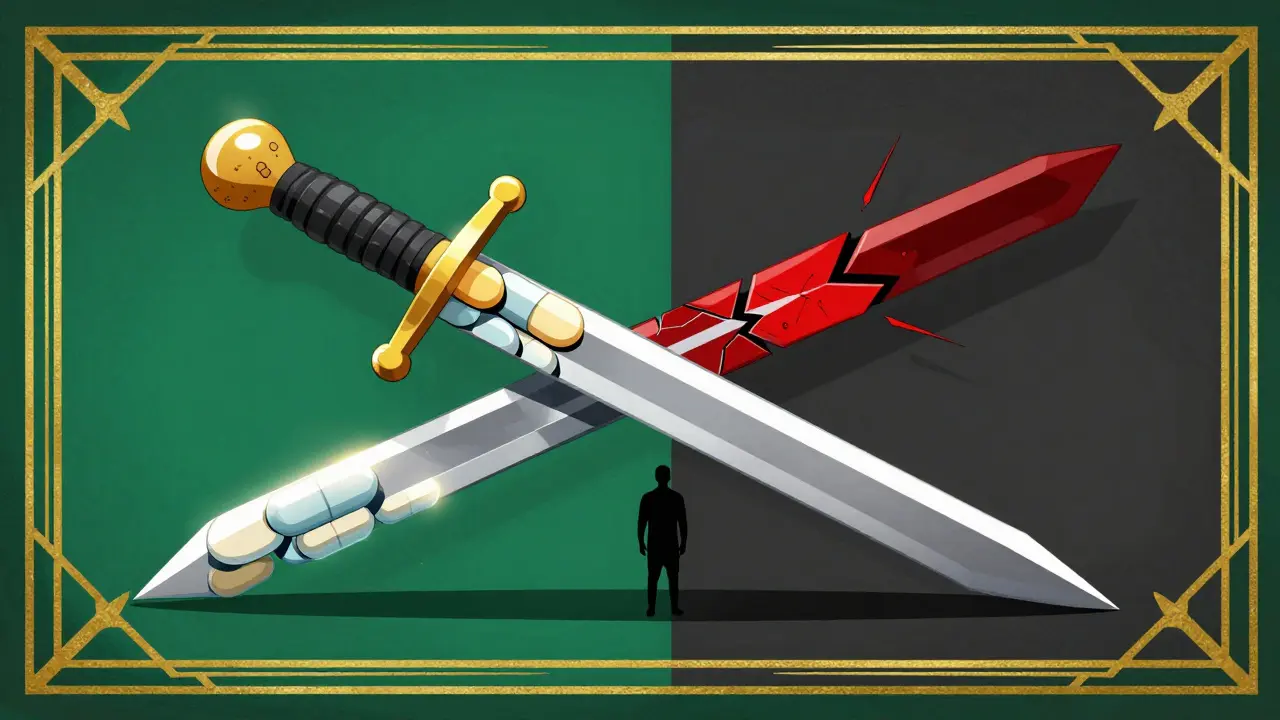 Double-edged sword formed by stacked medication capsules casting light and shadow on a figure.