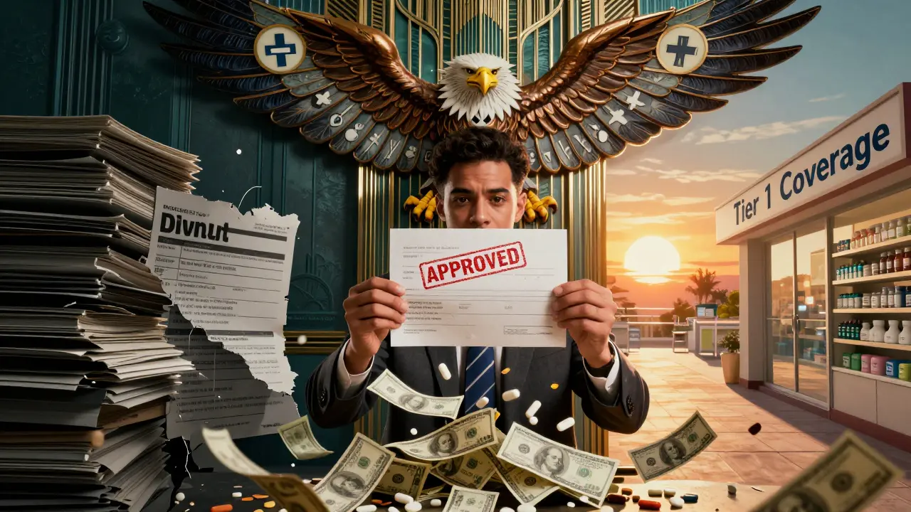 Patient holding 'APPROVED' letter as money turns to pills, with tier pathway leading to sunrise.