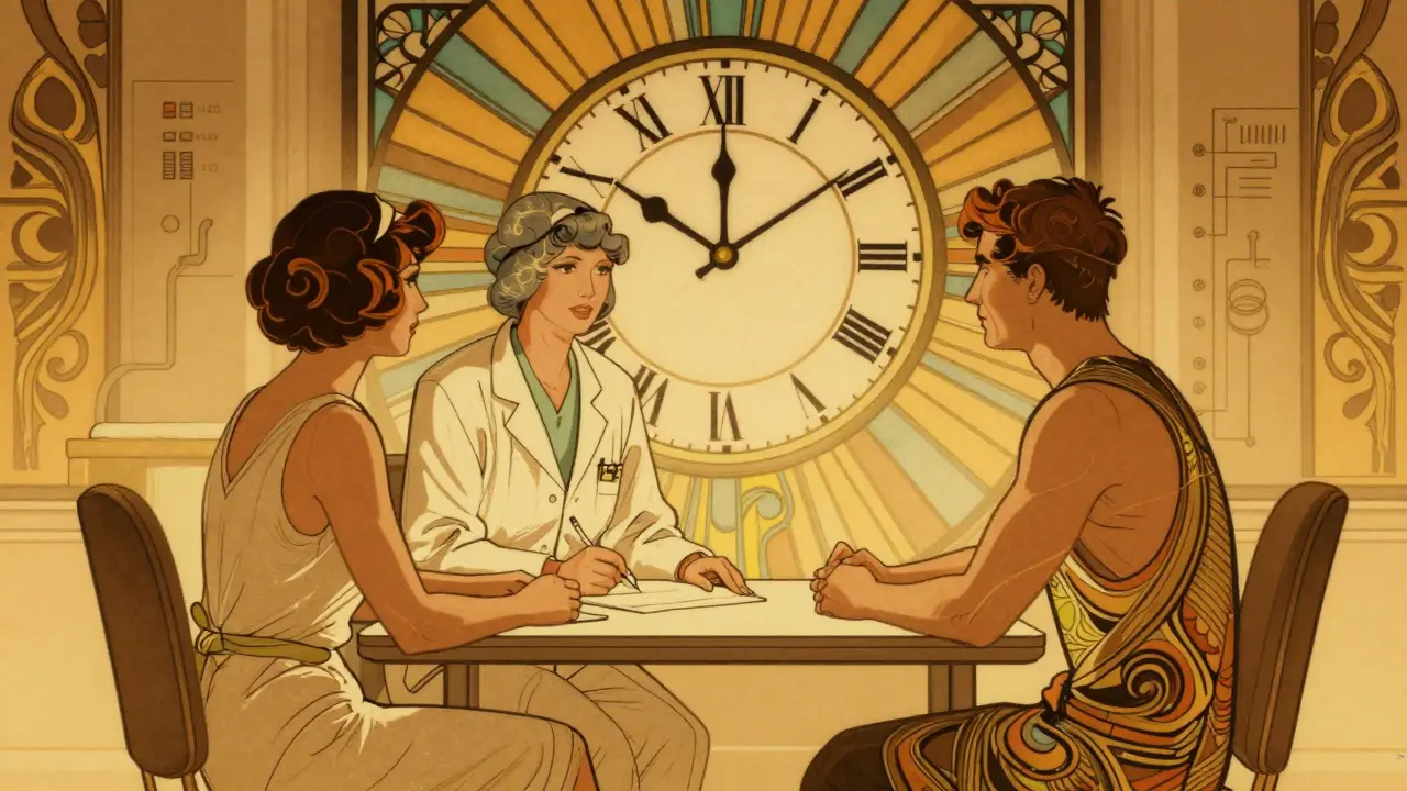 Retro medical poster showing doctor consulting patient with clock symbol.