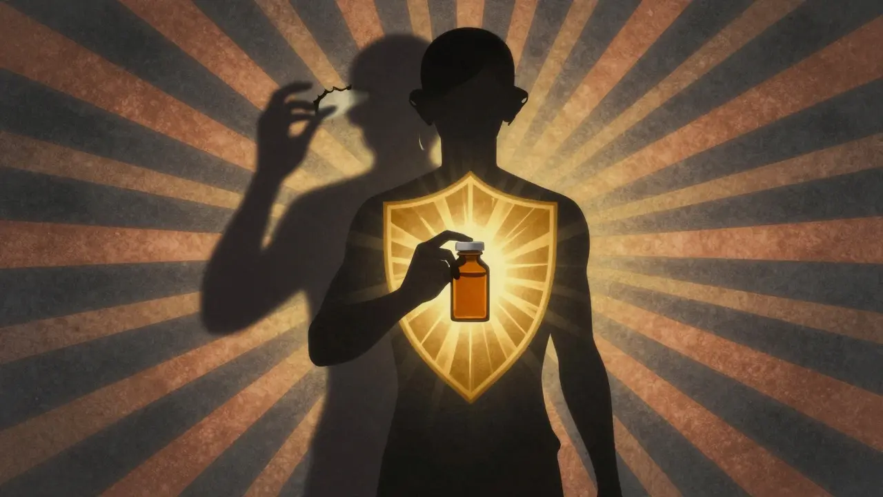 Silhouette of patient holding medicine casting shadow of fear