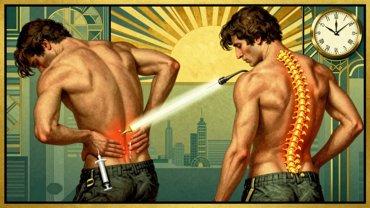 Split illustration: tired person with fading syringe vs. vibrant person with heat beam disrupting pain along the spine, Art Deco design.