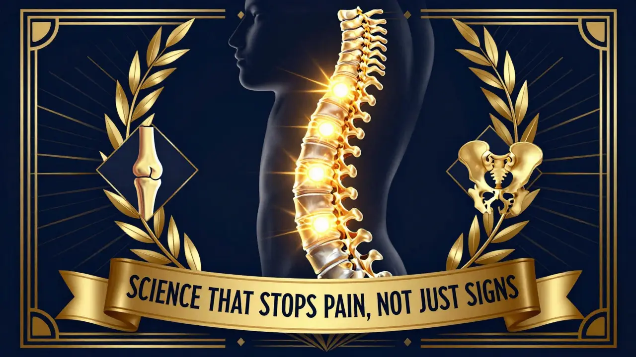 Stylized spine with golden heat pulses targeting joints, surrounded by Art Deco motifs and bold gold text on navy background.