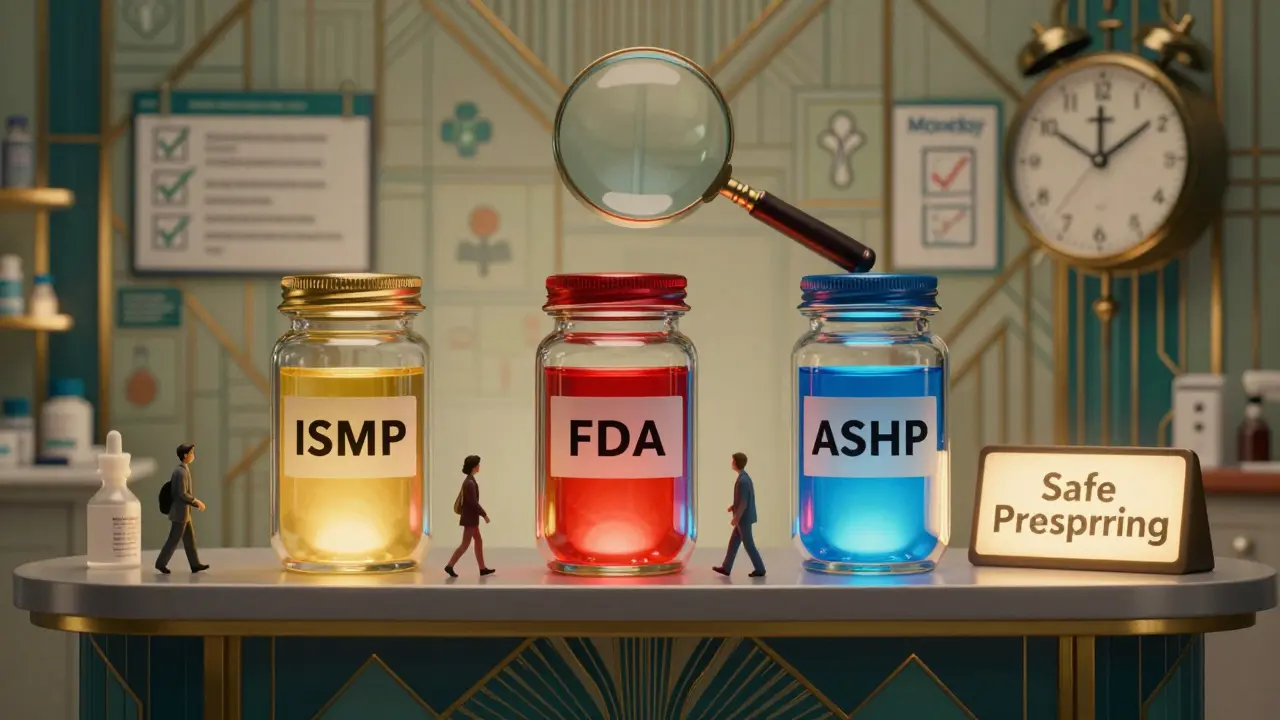 Three glowing jars labeled ISMP, FDA, ASHP at a pharmacy counter with patient silhouettes in Art Deco style