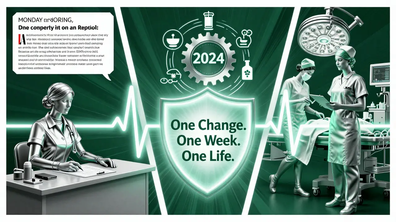 Three professionals in Art Deco style with a central gear labeled 2024 and a heartbeat shield