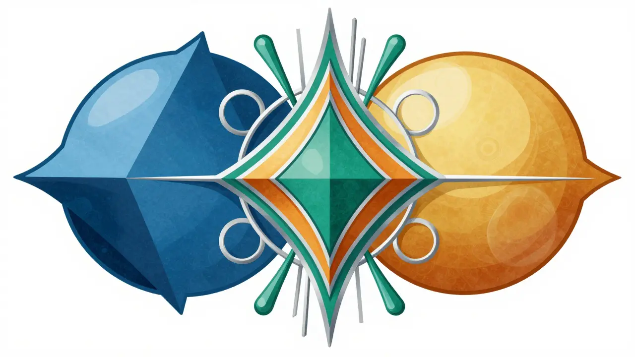 Two distinct geometric shapes merging into a perfect diamond form representing chemical synergy.