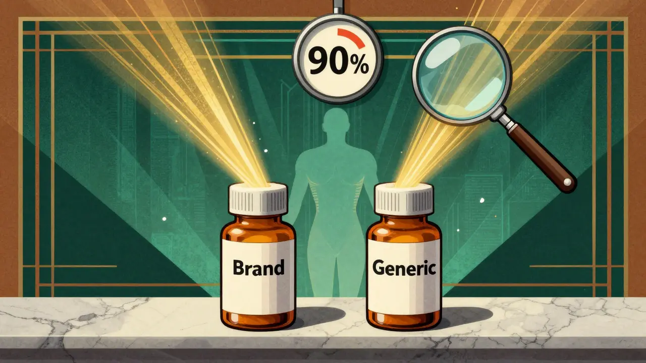 Two pill bottles release golden streams into a human silhouette, with a magnifying glass highlighting bioequivalence data.
