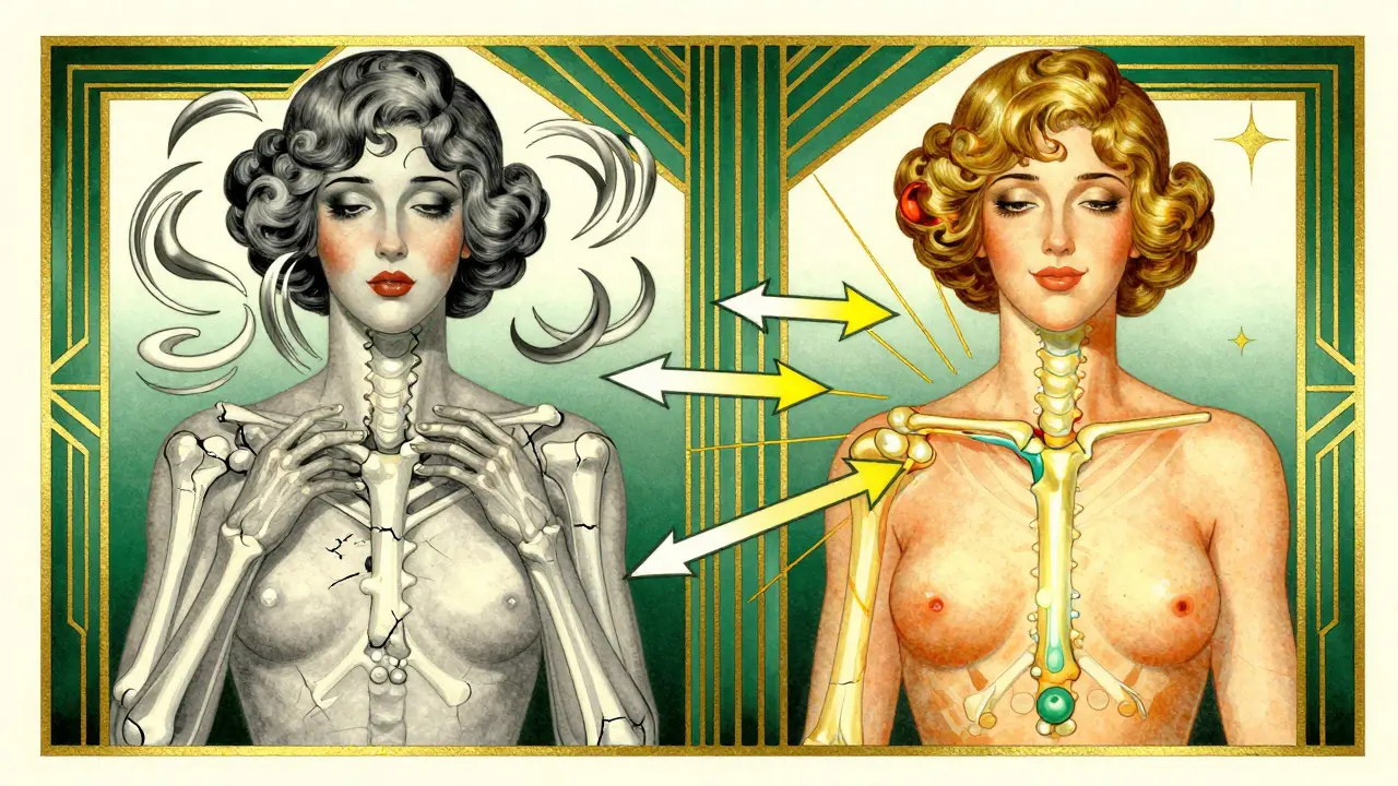 Two women side by side: one with fragile bones and dizziness, the other with strong, vibrant bones and calm expression.