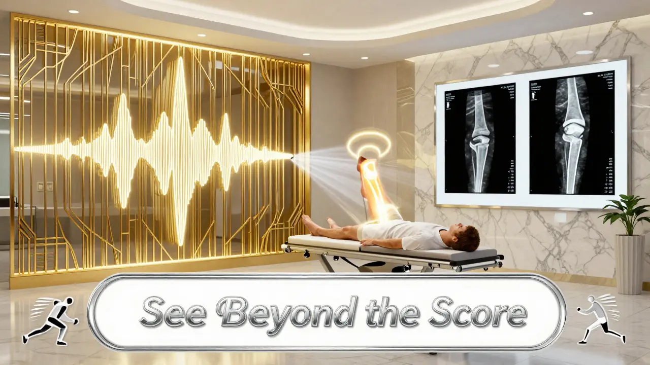 Ultrasound waves reveal joint inflammation, MRI halos glow, and X-rays frame a patient in a futuristic clinic.