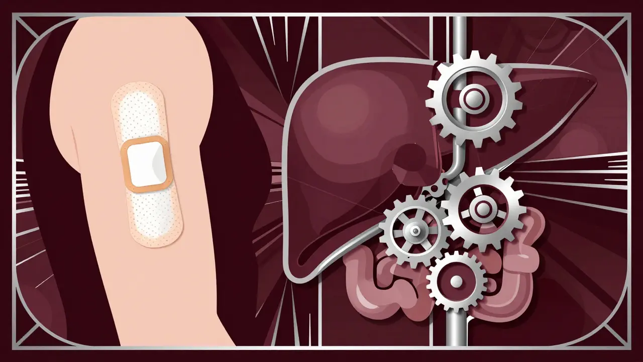 Vintage style graphic comparing skin patch to internal organ abstract symbols.