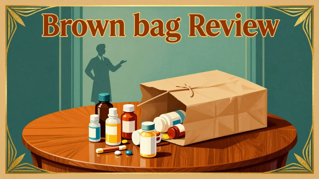 A brown paper bag filled with medicine bottles on a polished table.