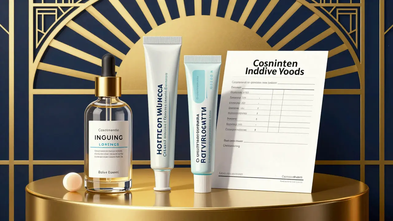 A luxurious display of custom liquid, gel, and lozenge medications in Art Deco style