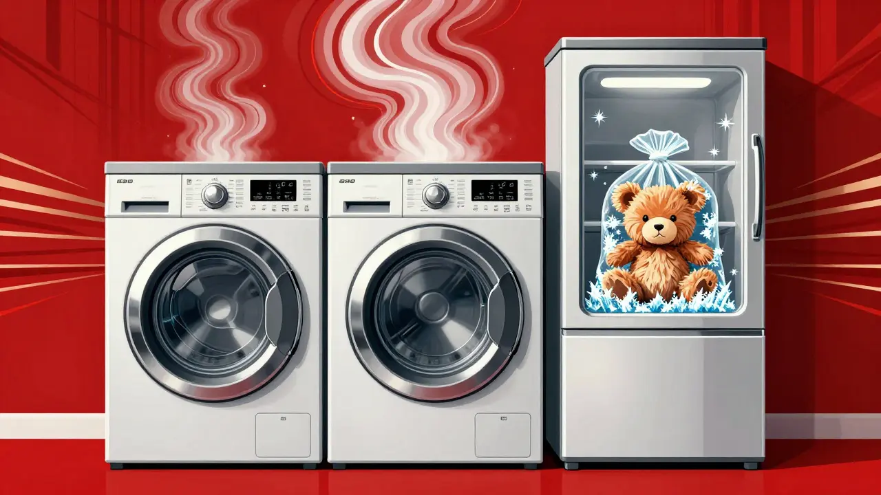 A vintage Art Deco scene showing a hot washing machine and a freezer for allergen removal.