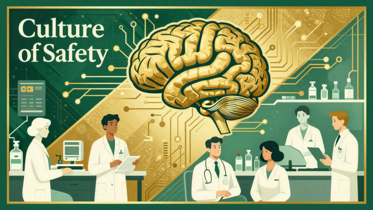 Abstract AI and healthcare professionals collaborating for patient safety