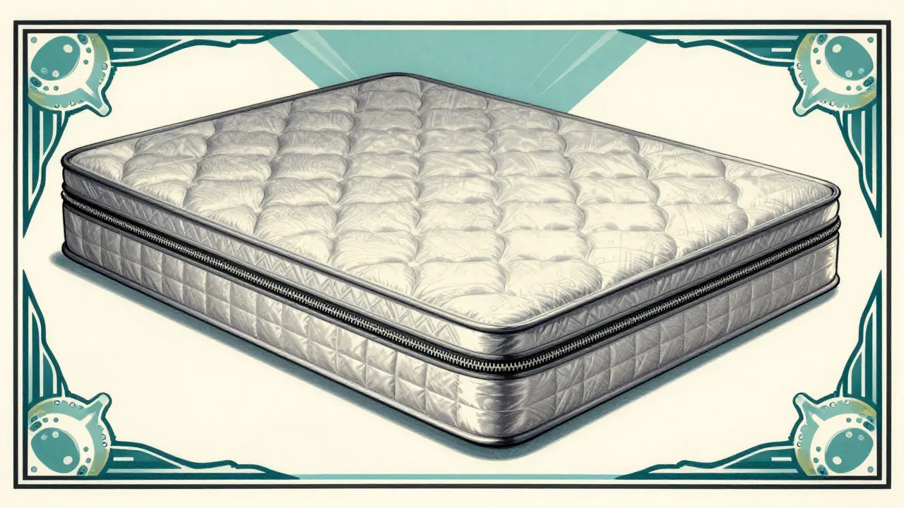 An Art Deco illustration of a mattress being sealed with a protective encasement.