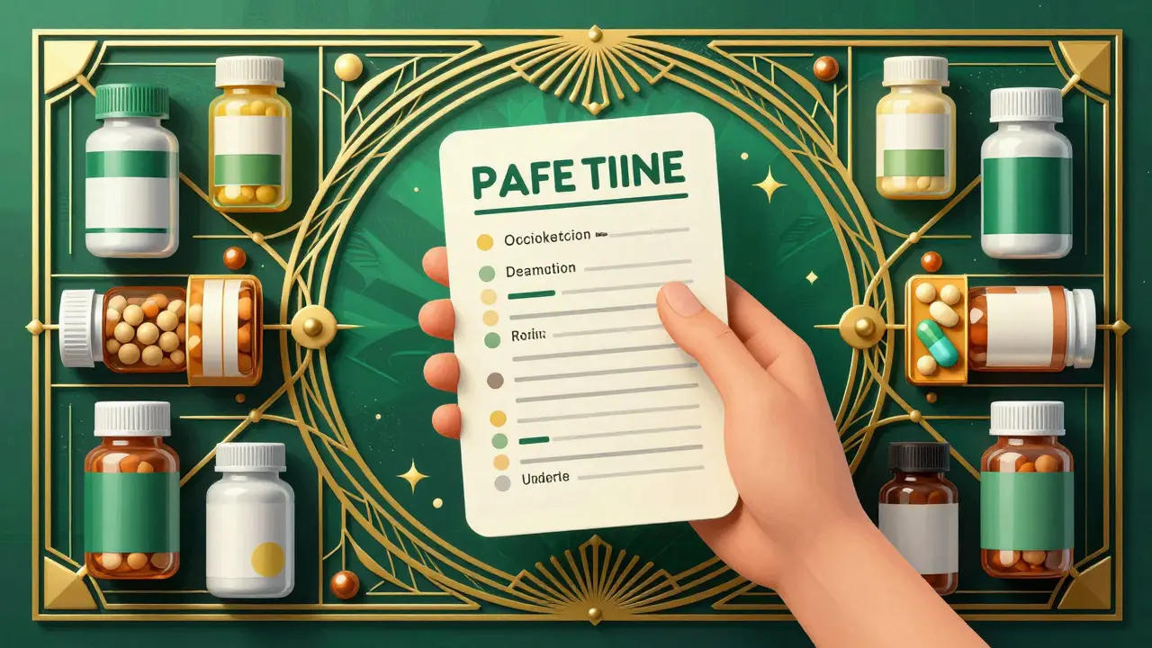 An organized list of medications surrounded by symmetrical pill bottles.