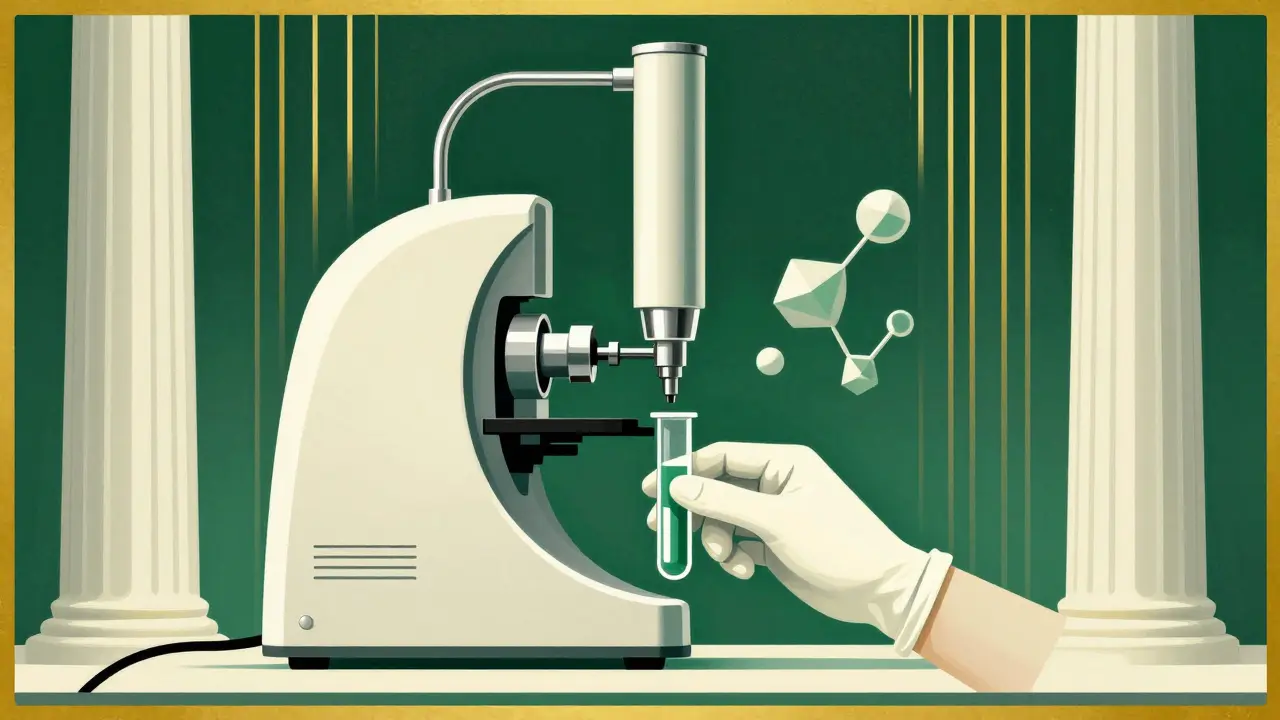 Art Deco depiction of a laboratory with an HPLC machine and chemical molecules.