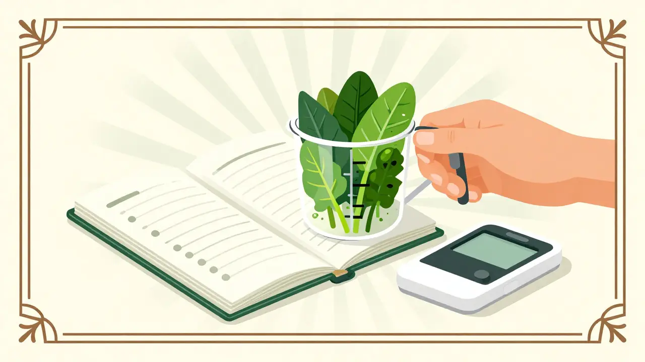 Art Deco image of a measuring cup with spinach and a health diary, emphasizing precision.