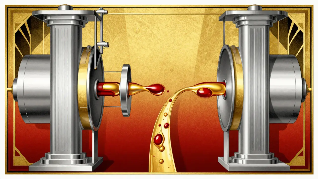 Conceptual Art Deco illustration of Warfarin blocking Vitamin K flow with geometric shapes.