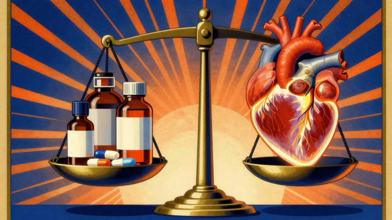Conceptual balance scale with heart and medication in Art Deco style.