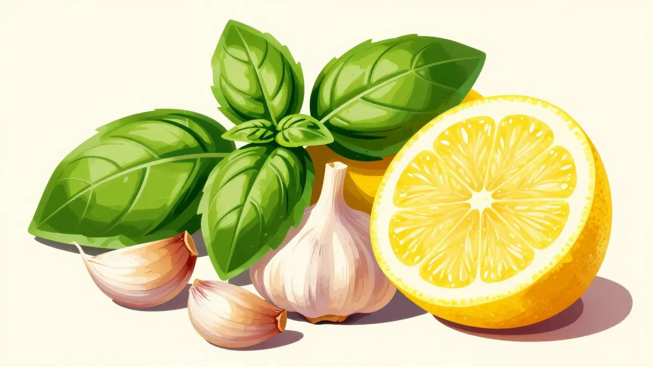 Elegant Art Deco arrangement of fresh lemon, garlic, and basil leaves.