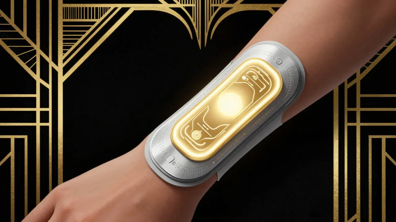 Futuristic medical monitoring patch on a person's arm in Art Deco style.