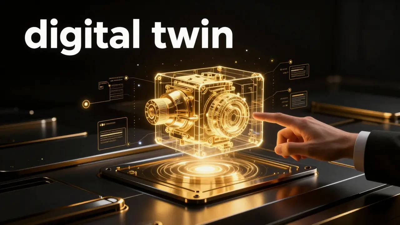 Golden holographic digital twin of a machine floating over a dark metallic surface.